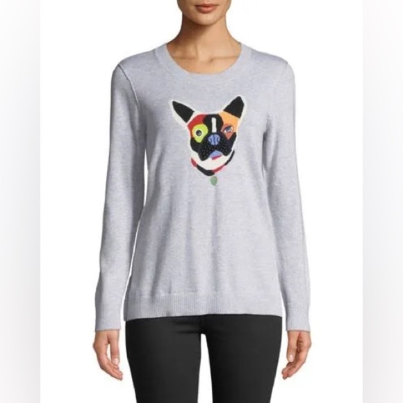 Anthropologie Lisa Todd Frenchie French Bulldog Patchwork Abstract Sweater Sz XS - Picture 2 of 12